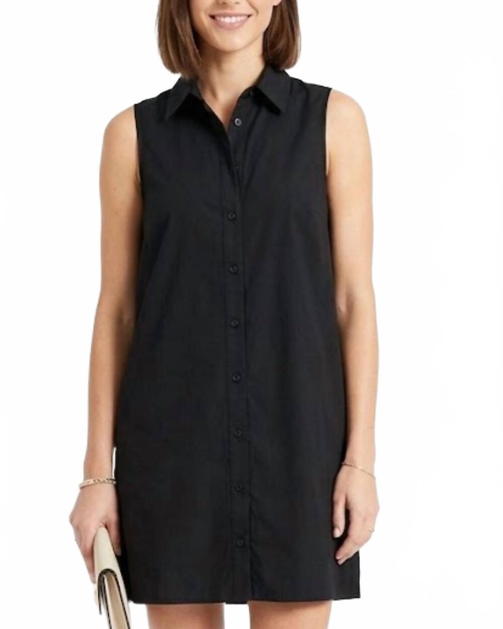 NEW ENTRO sleeveless linen shift dress in black